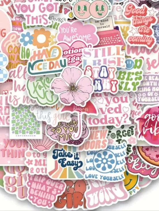 Colorful Positive Phrase Sticker Pack (50 Ct)- Pastel Floral & Retro Designs - Picture 1 of 1